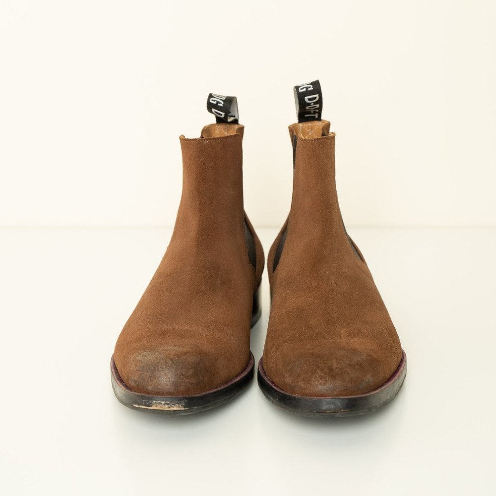 John Fluevog Leather Chelsea Boot Suede Brown Twin Turbine 1224 Start St. - Picture 3 of 16